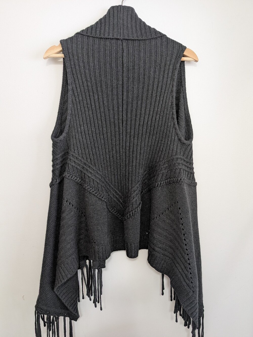 Dex Medium Angora Wool Vest Cable Knit Boho Tassles Charcoal Grey Asymmetrical